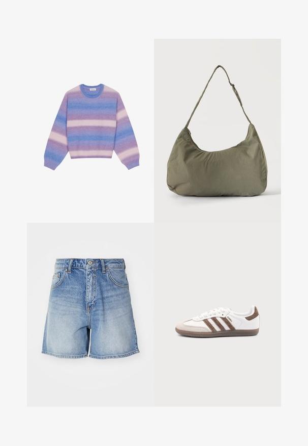 Gestreifter Pullover mit Farbtönen in Lila und Blau, Crew-Hals und gerippten Bündchen. Weicher Stoff und lässige Passform.; Hellblaue Jeansshorts mit einem ausgefransten Finish, hoch geschnitten, mit fünf Taschen und sichtbaren Nähten entlang des Saums.; Weißer Adidas Samba Sneaker mit braunen Wildlederstreifen, brauner Gummisohle und beiger Wildlederkappe, von der Außenseite auf schlichtem Hintergrund gezeigt.; Olivgrüne weiche Stoff-Schultertasche mit Reißverschluss und verstellbarem Tragegurt vor einfarbig hellem Hintergrund.