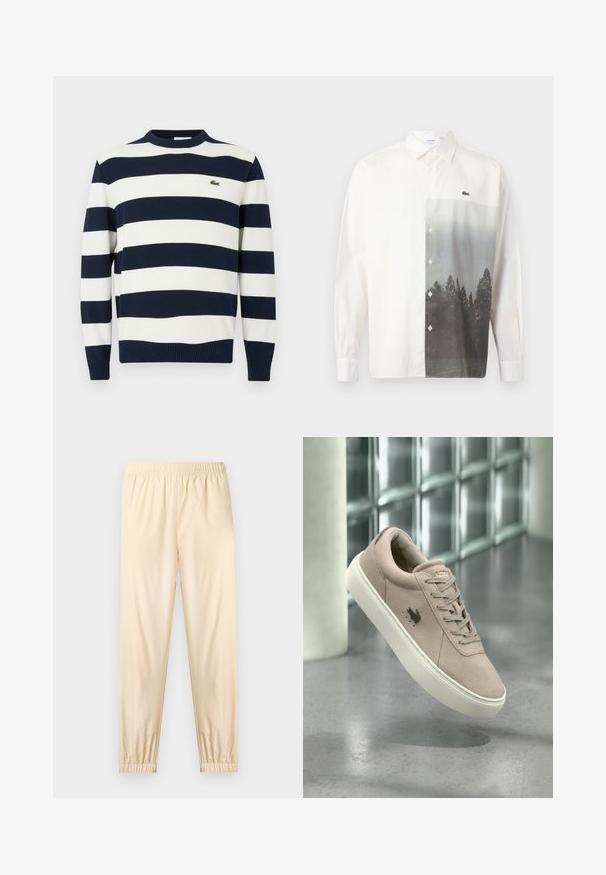 Pull rayé bleu marine et blanc avec un col rond, en tissu tricoté. Présente des poignets et un ourlet côtelés, avec un petit logo brodé sur la poitrine.; Chemise blanche à manches longues avec boutons, ornée d'un paysage forestier en niveaux de gris imprimé sur le côté droit avant et d'un petit logo de crocodile vert.; Pantalon beige clair à taille élastique avec poignets froncés, coupe droite et tissu lisse, présenté sur un fond clair uni.; Baskets en daim beige clair avec semelle blanche, design à lacets et logo oiseau noir sur le côté, présentées devant un fond moderne en blocs de verre.