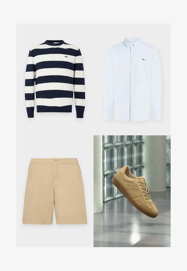Pull rayé bleu marine et blanc avec un col rond, en tissu tricoté. Présente des poignets et un ourlet côtelés, avec un petit logo brodé sur la poitrine.; Chemise bleu clair à manches longues avec boutons, col boutonné et petit logo crocodile vert sur la poitrine gauche.; Shorts en coton beige avec une coupe régulière, taille élastique, fermetures à boutons et poches latérales. Texture lisse, design à mi-cuisses.; Baskets beiges en daim avec semelle en gomme, design à lacets, flottant à l'intérieur sur un sol en béton poli près d'un mur en blocs de verre.