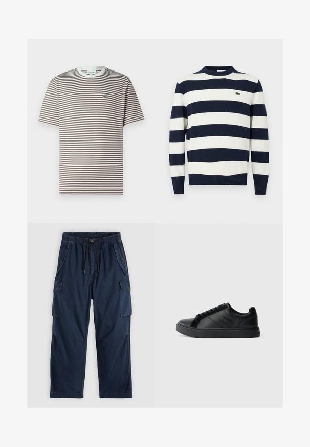 Marineblå og hvid stribet sweater med rund hals, lavet af strikket stof. Har ribbede manchetter og kant, med et lille broderet logo på brystet.; Kortærmet t-shirt med rund hals i brune og hvide vandrette striber og en lille grøn krokodille-logo på venstre bryst.; Mørkeblå cargobukser af denim med elastisk talje og snøre. Har store sidelommer og et afslappet fit.; Sorte lædersneakers med en glat overflade, teksturerede sidepaneler, rund tå, flad sål og logo detalje på siden. Har klassisk snøring.