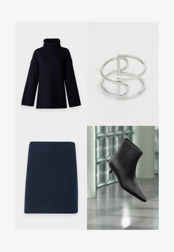 Marineblå turtleneck sweater med ribbet tekstur, brede ærmer og en afslappet pasform. Blødt materiale og minimalistisk design.; Marine uld mini nederdel med en lige form, flade sømme og en glat tekstur. Ingen synlige mønstre eller udsmykninger.; Sort læderankelstøvle med spids tå og lille hæl vist mod en væg af glasblokke og poleret gulv baggrund.; Sølv metal armbånd med en dobbeltloopdesign, der har en glat, blank overflade og en minimalistisk geometrisk accent.