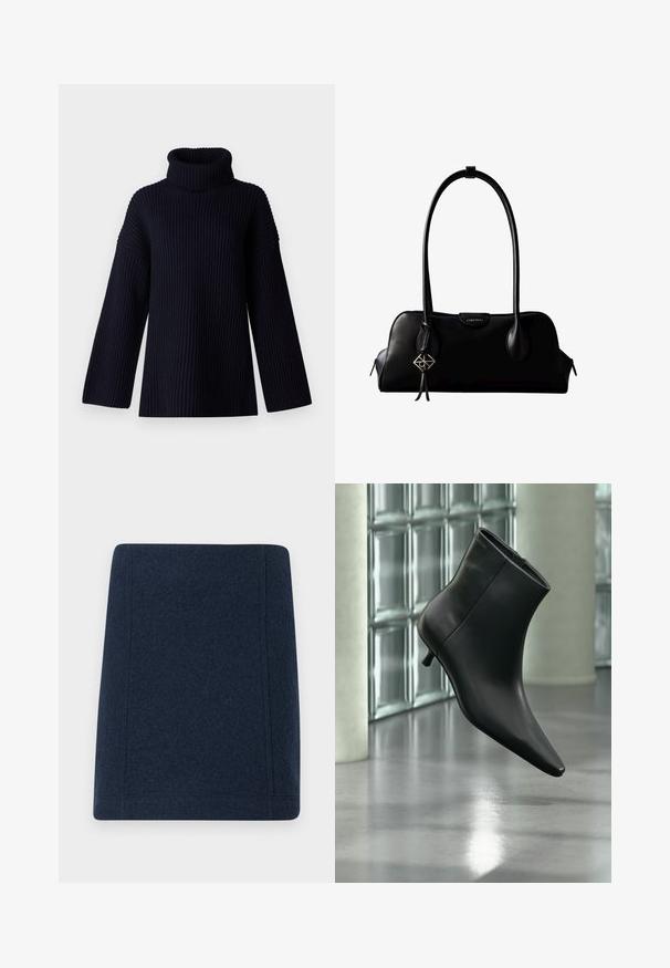 Marineblå turtleneck sweater med ribbet tekstur, brede ærmer og en afslappet pasform. Blødt materiale og minimalistisk design.; Marine uld mini nederdel med en lige form, flade sømme og en glat tekstur. Ingen synlige mønstre eller udsmykninger.; Sort læderankelstøvle med spids tå og lav kitten-hæ, vist vinklet mod en poleret gulv- og glasblokvæg.; Sort lædertaske fra Calvin Klein med lange håndtag, en forside-logo-tag og en sølv geometrisk vedhæng, der hænger fra det ene håndtag.