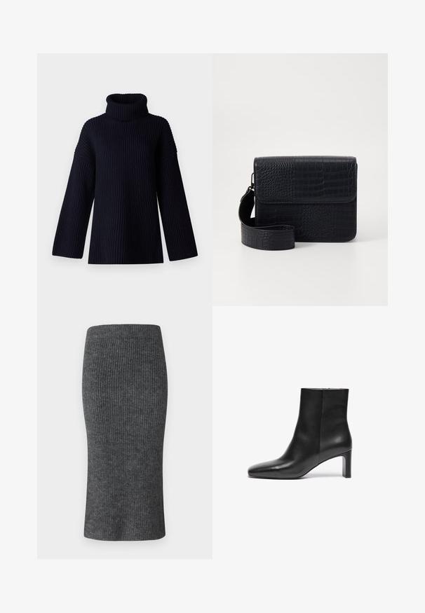 Marineblå turtleneck sweater med ribbet tekstur, brede ærmer og en afslappet pasform. Blødt materiale og minimalistisk design.; Grå ribbet blyantskørt med en tætsiddende facon, høj talje og glat tekstur. Designet til en strømlinet silhuet.; Sort læder ankelstøvle med spids tå, snæver hæl og glat tekstur; har en lynlåslukning i siden.; Sort taske med krokodillestruktur, rektangulær form, omslag og aftagelig rem. Har en glat overflade og blankt udseende.