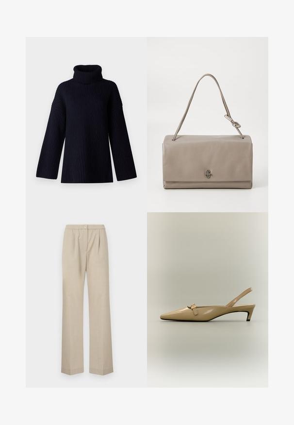 Marineblå turtleneck sweater med ribbet tekstur, brede ærmer og en afslappet pasform. Blødt materiale og minimalistisk design.; Lys beige bukser med lige ben, elastisk talje og en enkelt knapdetalje foran. Fremstillet af et tekstureret stof.; Beige laklæder slingback sko med lav kitten heel, spids tå og lille spænde rem på neutral baggrund.; Grå lædertaske med rektangulær form, en enkelt skulderrem og en sølvfarvet lukning foran. Glat tekstur med minimale detaljer.