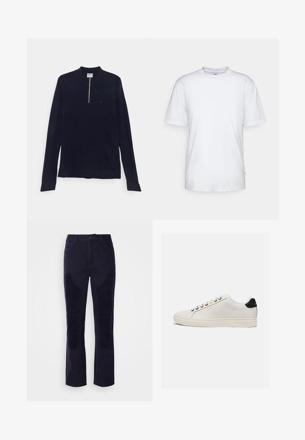 Lindbergh HALF ZIP MOCK NECK - Neule - navy; Valkoinen puuvillainen t-paita, jossa on pyöreä kaula-aukko, lyhyet hihat ja suora helma. Vasemmassa sauman kohdassa on pieni bränditunnus.; Tumman laivaston siniset fine corduroy-housut, joissa on sileä kangas, suorat lahkeet ja vaakasuoraan uritettua kangasta etutaskuissa, mikä tuo lisää tekstuuria.; Valkoinen nahkakenkä, jossa on hieman pyöristetty kärki, litteä pohja, moniväriset nauha-aukot, musta kantatappi ja kohokuvioitu logo sivussa.