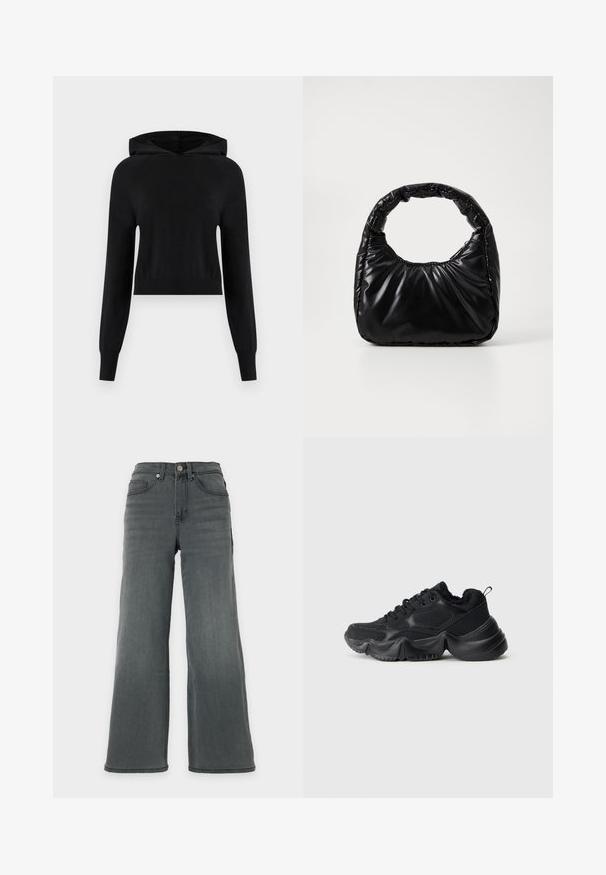 Sort cropped hættetrøje med lange ærmer, ribstrikkede manchetter og kant, ensfarvet design, vist på hvid baggrund.; Højtaljede, vidde mørkegrå denimjeans med forlommer og knaplukning på en neutral baggrund.; Sorte sneakers med en blanding af glatte og strukturerede materialer, tykke såler, rund form og dekorativ stikning. Har en blød, fyldig kant.; Sort polstret håndtaske med et rundt håndtag, der har en glat, skinnende overflade og en blød, kviltet tekstur. Ingen synlige hardware eller accenter.