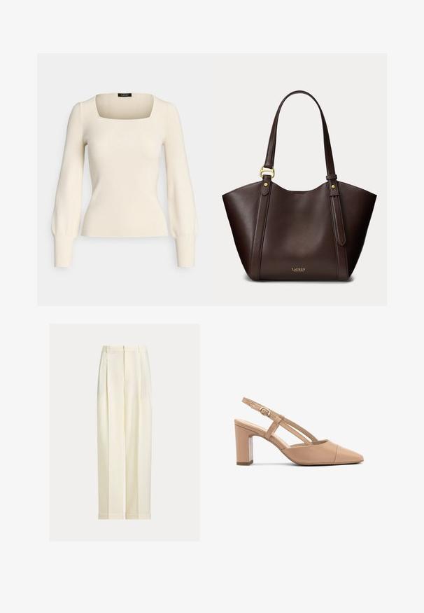 Top de canalé de color crema con mangas largas, escote cuadrado y forma ajustada. Presenta mangas abullonadas y una textura suave.; Pantalones a medida de color crema con pliegues delanteros, trabillas para cinturón y dobladillos con puños, mostrados sobre un fondo liso.; Tacones de slingback de cuero beige con punta afilada, tacón cuadrado y correa con un pequeño hebilla dorada. Textura suave, diseño minimalista.; Bolso tote de cuero marrón oscuro con dos correas para el hombro y herrajes dorados, con pequeño logo dorado "Lauren Ralph Lauren" en el centro inferior.