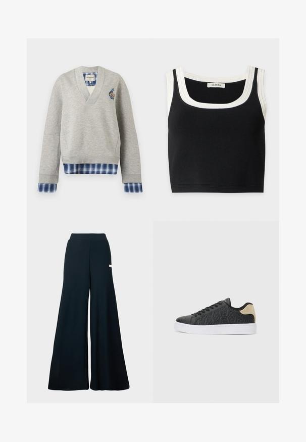 Lysegrå V-hals sweatshirt med blåt ternet stof lagdelt ved manchetter og kant, med lille patch-detalje på venstre side af brystet.; Sort ærmeløs crop top med bred hvid kant rundt om halsudskæringen og armhulerne, mærket med Sandro-brandlabel indeni.; Bredde ben-bukser i mørkeblå ribbet stof med høj talje og diskret sidebranding. Glat tekstur og fuld længde.; Sorte sneakers med tekstureret overdel, der har geometriske mønstre, hvid mellemsål og guldaccent på hælen. Snøredesign. Flad sål.