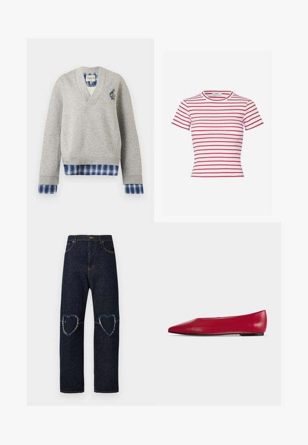 Sweat-shirt gris clair col V avec tissu à carreaux bleu superposé aux poignets et à l'ourlet, avec un petit patch sur le côté gauche de la poitrine.; T-shirt à manches courtes rayé rouge et blanc, en tissu côtelé, avec un col rond et une coupe ajustée.; Jean en denim bleu foncé avec jambes droites et patchs en forme de cœur usés sur les deux genoux.; Chaussure plate en cuir rouge à bout pointu, semelle noire et petit talon, vue de profil sur un fond clair uni.
