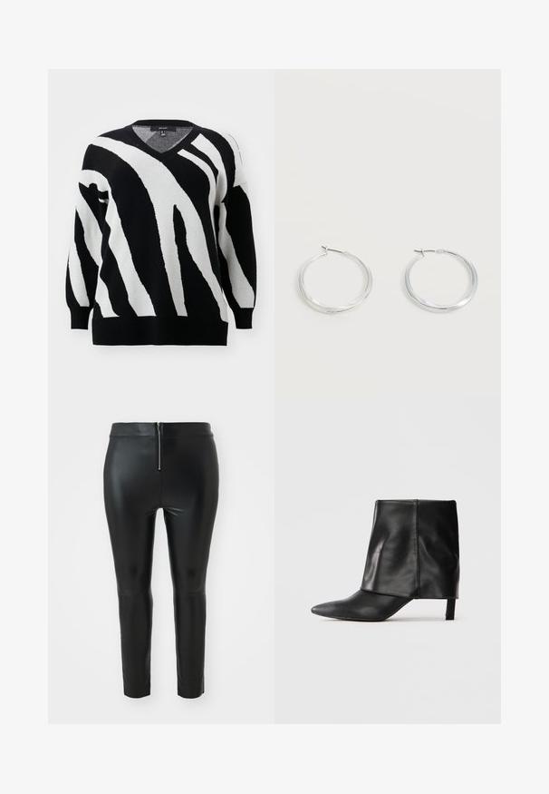 Vero Moda Curve Knitted VMCNANCY Knitted - Svetrík - black/birch; Čierne nohavice z imitácie kože s vysokým pásom, s uzáverom na zips vzadu a úzkym strihom. Hladká textúra a minimalistický dizajn.; Čierna kožená čižma po kolená s špicatou špičkou, prehnutým horným častom a štíhlym nízkym opätkom, stojaca na bielom pozadí.; Strieborné kovové kruhové náušnice s hladkým, mierne zakriveným povrchom a zapínaním na poistku na jednoduchom bielom pozadí.