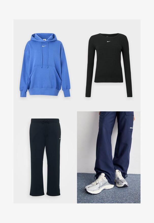 Sinine Nike kapuutsiga pusa esiküljel tasku, nööriga kapuuts, soonikuga mansetid ja väike valge Nike sulega logo rinnal.; Must pikkade varrukatega lõhnav top soonelise kangaga, millel on ümmargune kaelus ja õrnal valgel Nike logol rinnal.; Mustad mustad koos elastse vöökohtaga ja reguleeritava paelaga. Vasakul küljel on väike valge Nike logo. Pehme kangast tekstuur.; Nike spordijalatsid hõbedase võrkkanga ülaosaga, valgete aktsentidega ja tekstuuriga tallad, koos laia lõikega tumesiniste pükstega.
