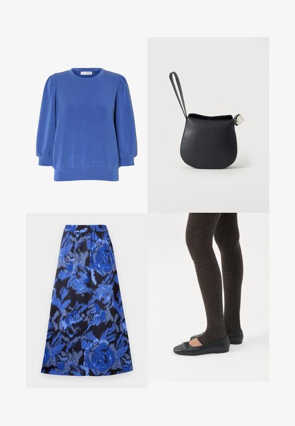 Blauwe trui met lange mouwen, opgepofte schouders, ronde hals en geribde boorden en zoom van een zachte stof.; A-lijn rok in een blauw bloemenpatroon op een zwarte achtergrond. Elastische tailleband, lichtgewicht stof en knielange ontwerp.; Benen met donkere geribbelde leggings gecombineerd met zwarte ballerina's met kleine strikdetails op een witte achtergrond.; Zwart leren polstasje met afgeronde bodem en zilveren gesp op een effen witte achtergrond.
