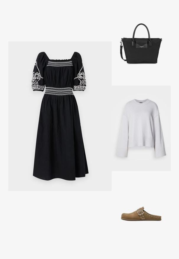 Pull gris clair en tricot doux, avec un col rond, des manches larges et une taille courte. Design simple sans motifs.; Robe noire avec un décolleté carré, des manches bouffantes et des motifs brodés blancs. Présente une taille smockée et une jupe fluide, arrivant au genou.; Sabot en daim marron avec un bout rond, une boucle latérale et des clous argentés le long du bord. Semelle plate, conception à enfiler pour un port facile.; Sac à main en textile noir avec des accents en cuir, double anses supérieures, bandoulière amovible, poche à rabat et détail de logo. Texture lisse et design structuré.