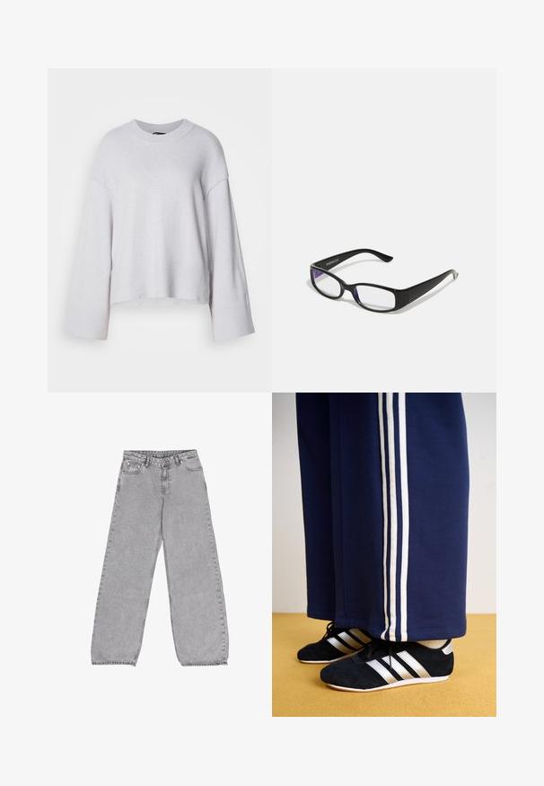 Lys grå sweater lavet af blødt strikket stof, med rund halsudskæring, brede ærmer og en cropped nederdel. Enkelt design uden mønstre.; Grå brede jeans lavet af denim, med et klassisk fem-lomme design og høj talje, samt subtile falmninger og sy-detaljer.; Mørkeblå træningsbukser med tre hvide lodrette striber og sorte sportssko med sølvstriber og en struktureret overflade. Gul gulv.; Sorte rektangulære briller med klare linser. Blank finish, smalle stænger, og lilla nuance synlig i kanterne af linsen.
