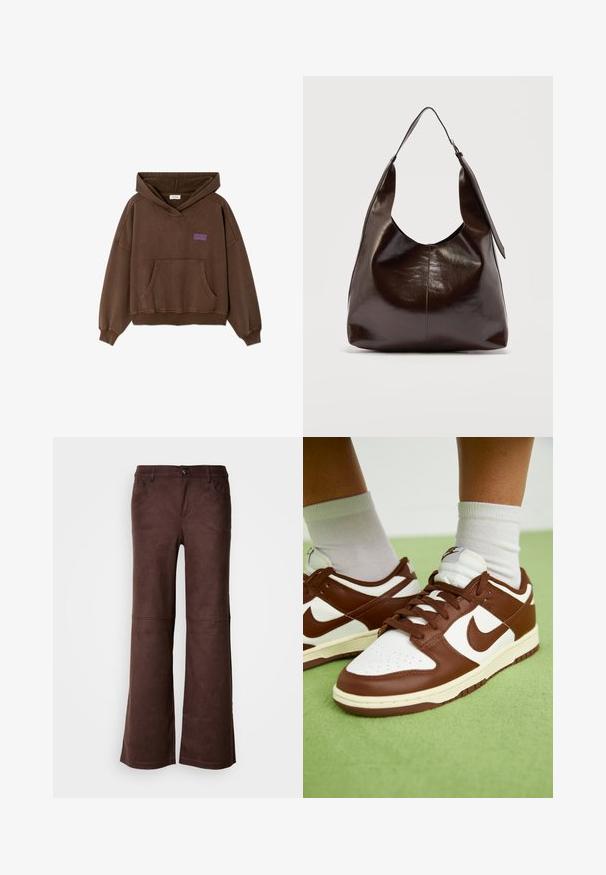 Bruine capuchonsweatshirt met kangoeroezak en kleine paarse tekst "American Vintage" op de linkerborst.; Bruine flared pants van een zachte, suede-achtige stof. Beschikt over vier zakken, een knoopsluiting en een gladde, gestructureerde oppervlakte.; Bruine en witte leren sneakers met perforaties bij de teen, getextureerde accenten en platte veters. Het model heeft een lage schacht en een rubberen zool.; Donkerbruine glanzende leren schoudertas met een enkele brede riem en gespsdetail aan één kant, tegen een effen lichte achtergrond.
