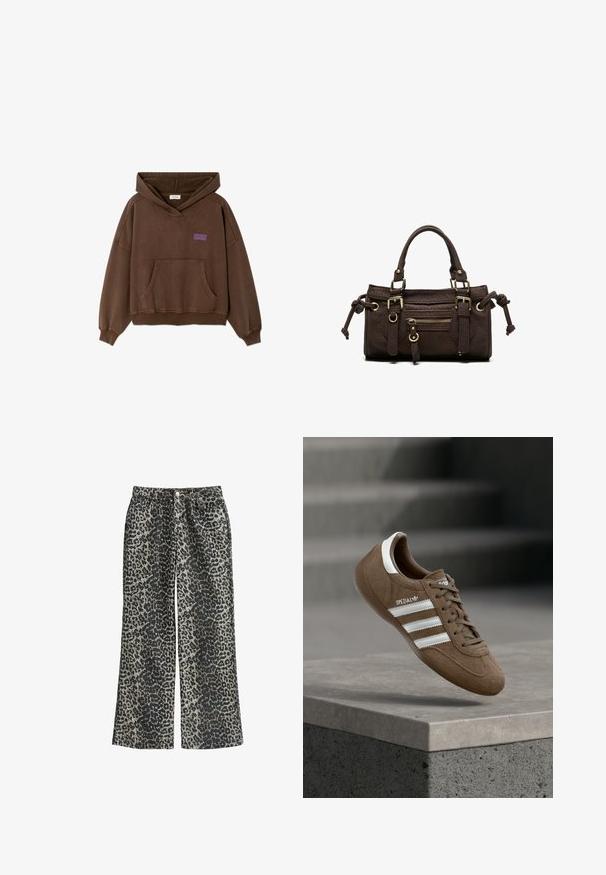Bruine capuchonsweatshirt met kangoeroezak en kleine paarse tekst "American Vintage" op de linkerborst.; Leopardprint wijde broek van zachte stof, met een hoge taille, vijf zakken en metalen knoopsluiting.; Bruine suède Adidas Spezial sneaker met witte strepen en veters, zwevend boven een grijze betonnen richel tegen een vervaagde trap op de achtergrond.; Donkerbruine leren handtas met dubbele handvatten, voorvak met ritssluiting, decoratieve gespen en zijknopen op een witte achtergrond.