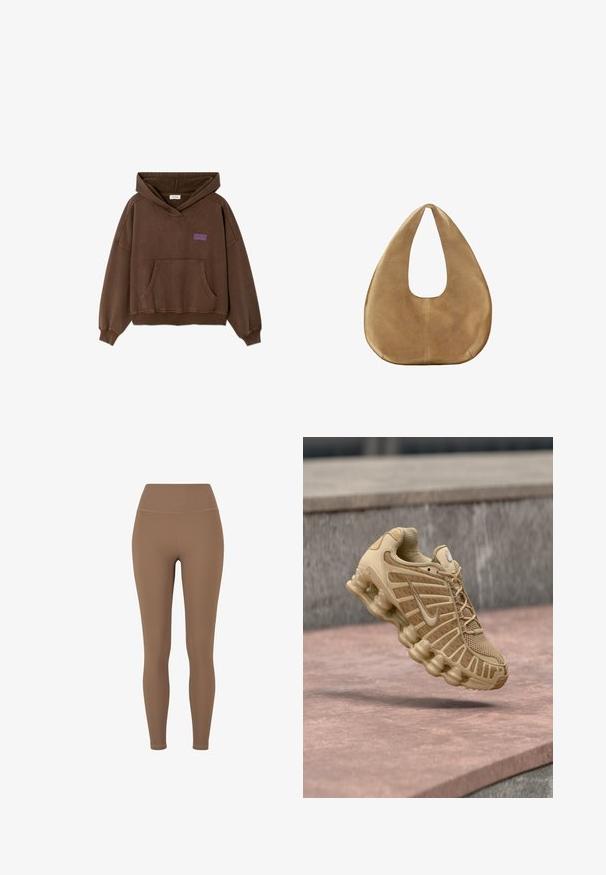 Sweat à capuche marron avec poche kangourou et petit texte violet "American Vintage" sur le côté gauche de la poitrine.; Leggings marron côtelés avec une taille haute. Le tissu semble extensible et lisse, avec des coutures minimales et sans motifs visibles.; Chaussure de sport beige avec tige en mesh et support structuré, dotée d'une semelle coussinée avec unités d'air visibles et détails texturés.; Sac hobo en daim couleur camel avec un corps large et arrondi et une seule anse plate, présenté sur fond blanc uni.