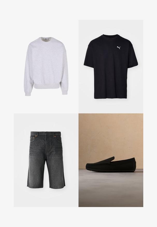 Sweatshirt gris clair en tissu mélangé coton, doté d'un col rond, de manches tombantes et de poignets et d'un ourlet côtelés.; T-shirt en coton noir à manches courtes, col rond, avec un logo Puma blanc sur le côté supérieur gauche de la poitrine. Coupe classique, texture lisse.; Shorts en denim gris foncé avec une coupe droite, cinq poches et des coutures orange à l'avant. Finition de l'ourlet propre aux poches.; Mocassin noir à enfiler flottant au-dessus d'un tapis beige texturé avec une table basse ronde en bois et des livres en arrière-plan flou.