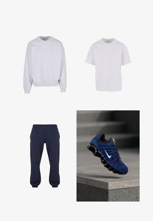 Heledhalli sweatshirt, mis on valmistatud puuvilla segukangast, omab ümarat kaelust, allakäivat õlavarrejoont ning soonikkoes varrukate ja alumise äärte viimistlust.; Valgest lühikese varrukaga T-särgist, mis on valmistatud pehmest puuvillast, ümar kaelus ja lõdvestatud istuvus sirge äärisega. Muster või aktsente pole nähtaval.; Tume sinised dressipüksid, millel on elastne vöökoht ja kitsenevad mansetid, valmistatud pehmest kangast, ilma nähtavate mustrite või riistadega.; Sinine ja must Nike jooksujalats valge Swooshi logoga, hõljumas betoonääre kohal tekstuursete astmetega häguses taustas.