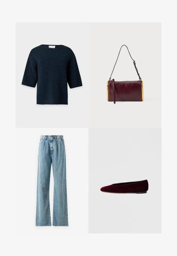 Mørke marineblå kortærmet striktrøje med rund halsudskæring og lige kant, vist mod en ensfarvet lys baggrund.; Lysblå højtaljede bukser med bred ben i denim, med knaplukning, markante bukser og syede lommer.; Bourgognefarvede balletflade sko i fløjl med rundet tå og lav hæl, med en glat tekstur og elegant design.; Bordeauxfarvet cylindrisk skuldertaske i læder med guldfarvede metalrammedetaljer og justerbar sort rem på en lysegrå baggrund.