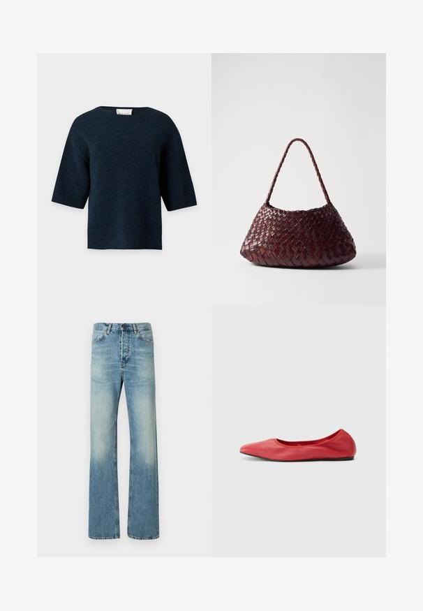 Mørk marineblå kortermet strikkegenser med rund hals og rett kant, vist mot en ensfarget lys bakgrunn.; Lyseblå denimjeans med høy midje, vide ben og subtil falming. Har detaljer med søm og standard knappelukking.; Filippa K REY FLATS - Ballerinasko - bright red; DRAGON DIFFUSION ROSANNA - Håndveske - bruciato