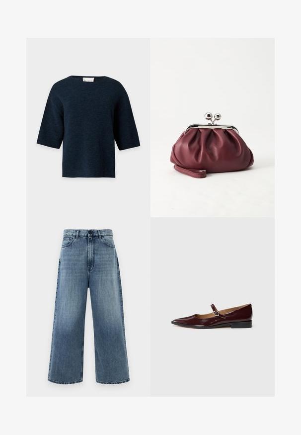 Mørke marineblå kortærmet striktrøje med rund halsudskæring og lige kant, vist mod en ensfarvet lys baggrund.; Lyseblå vide jeans lavet af denim, med høj talje, forlommer og klassisk syning. Ingen synlige dekorationer.; Bordeaux patentlæder Mary Jane flade sko med spids tå, flad hæl og en dekorativ rem med en cirkulær spændeaccent.; Lille bordeauxlæder clutch-pung med sølv metal lukning og håndledsrem på hvid baggrund.