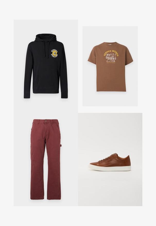 Sweat à capuche noir en coton avec poche avant, capuche à cordon et un motif tournesol brodé coloré. Comprend des poignets côtelés.; T-shirt marron avec texte jaune « SERVICE WORKS » et « SOUP FOR THE SOUL », avec un dessin au trait blanc de deux personnes partageant de la nourriture et des ustensiles de cuisine suspendus.; Pantalons de travail droits pour hommes en rouge foncé, avec poches avant, passants de ceinture, bouton, fermeture éclair et une boucle utilitaire sur le côté.; Baskets en cuir brun avec un bout arrondi, semelle en caoutchouc blanc et lignes épurées. Présente une fermeture lacée et un logo discret sur le côté.