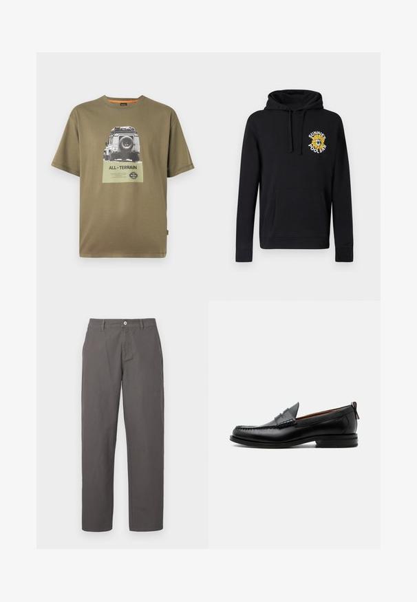 Zwarte hoodie van katoen met voorzak, capuchon met trekkoord en een kleurrijke geborduurde zonnebloem. Voorzien van geribde manchetten.; Groene katoenen T-shirt met korte mouwen, voorzien van een grafische print van een voertuig en de tekst "ALL-TERRAIN" op een vierkante patch.; Grijze katoenen broeken met een recht model, voorzien van een knoop en ritssluiting aan de voorkant, en zijzakken. Gladde textuur, geen patronen.; Zwarte leren herensloffen met moc toe stiksel, pennyriem, gestructureerde kraag en lage gestapelde hak op witte achtergrond.