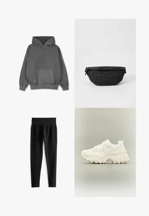 Pegador CLARITA LOGO OVERSIZED HOODIE - Jersey con capucha - vintage grey grey gum; Leggings negras acanaladas con una ancha cinturilla elástica. La tela parece elástica y texturizada, terminando justo por encima del tobillo.; Zapatilla blanca gruesa con suela gruesa y texturizada, paneles de malla, cierre de cordones en la parte delantera y tira en el talón sobre un fondo neutro.; Bolso negro acolchado con una textura suave y acolchada y un patrón de diamantes angulares, con una silueta curvada y cierre de cremallera.