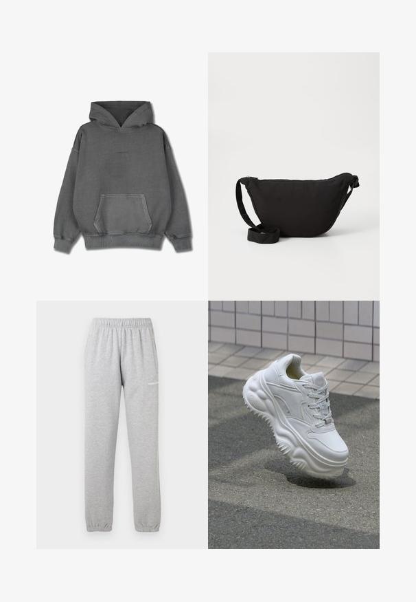 Pegador CLARITA LOGO OVERSIZED HOODIE - Kapuutsiga pusa - vintage grey grey gum; Hallid hallid dressipüksid pehmest kangast, millel on elastne vöökoht, kinnised pahkluud ja küljetasku. Logo on trükitud vasakule reiele.; Valge nahkne tennis, millel on paks tald, tekstuuriga detailid ja paeltega sulgemine. Omab vormitud aktsente ja siledat viimistlust.; Mustast kott, mis on valmistatud pehmest kangast, millel on kaarjas kuju, tõmblukk ja lai reguleeritav rihm. Sile tekstuur, ilma mustriteta.