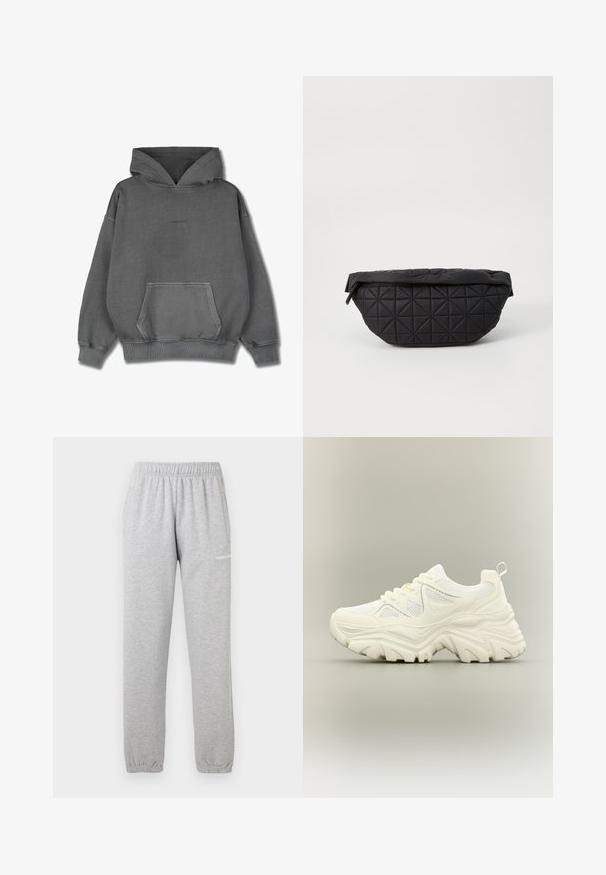 Pegador CLARITA LOGO OVERSIZED HOODIE - Kapuzenpullover - vintage grey grey gum; Graue Sweatpants aus weichem Material, mit einem elastischen Bund, Bündchen an den Knöcheln und einer Seitentasche. Logo auf dem linken Oberschenkel aufgedruckt.; Weißer klobiger Sneaker mit dicker strukturierter Sohle, Mesh-Einsätzen, Schnürung vorne und Zuglasche an der Ferse auf neutralem Hintergrund.; Schwarze, gesteppte Tasche mit weichem, gepolstertem Textur und eckigem Rautenmuster, geschwungener Silhouette und Reißverschluss.