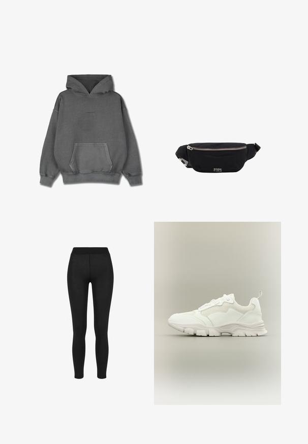 Pegador CLARITA LOGO OVERSIZED HOODIE - Jersey con capucha - vintage grey grey gum; Leggings negros con una tela suave, cintura alta, diseño ajustado y sin costuras visibles, adecuados para uso casual o deportivo.; Zapatilla deportiva blanca con parte superior de malla y cuero, suela gruesa y lengüeta en el talón, mostrada de perfil sobre fondo neutro.; Riñonera de tela negra con cremallera plateada y correa ajustable, con pequeño logo blanco "Bimba y Lola" en el frente.