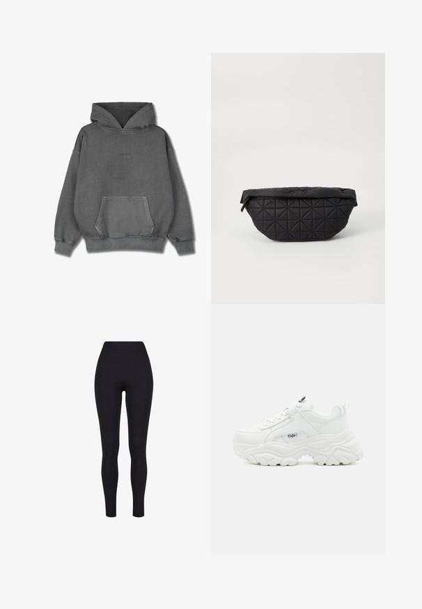 Pegador CLARITA LOGO OVERSIZED HOODIE - Hættetrøje - vintage grey grey gum; Sorte højtaljerede leggings, lavet af strækbart stof, med en glat tekstur og en tætsiddende design uden synlige sømme eller mønstre.; Hvide chunky sneakers med en glat læderoverdel, rund tå og tyk tekstureret sål med et synligt brandlogo på siden.; Sort quiltet taske med en blød, polstret tekstur og et vinkelret diamantmønster, med en buet silhuet og lynlåslukning.