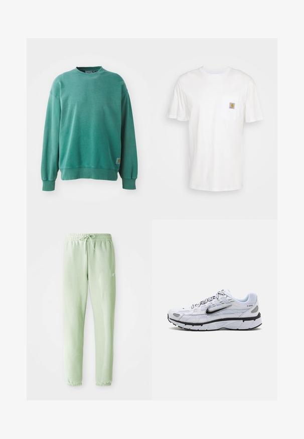 Grüner Rundhalsausschnitt-Pullover aus Baumwollmischung. Verfügt über gerippte Bündchen und Saum, eine lockere Passform und ein kleines Logotag auf der unteren linken Seite.; Weißes Baumwoll-T-Shirt mit kurzen Ärmeln, einer Brusttasche und einem kleinen quadratischen Logopatch in Orange und Weiß auf der Tasche.; Helle grüne Jogginghosen aus weichem Baumwollstoff, mit einem elastischen Bund und Kordelzug, schmal zulaufenden Beinen und gerüschten Bündchen.; Weißer Laufschuh mit Obermaterial aus Mesh, abgerundetem Zeh, schwarzen Akzenten und gemusterter Sohle. Verfügt über Schnürung und Branding an der Seite.