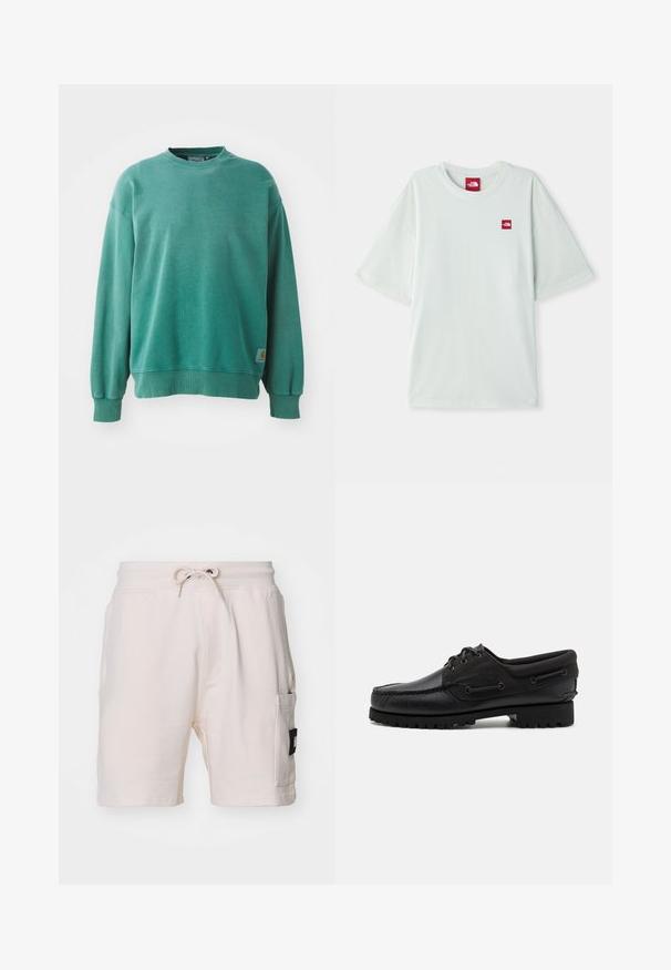 Sweatshirt vert à col rond fabriqué en mélange de coton. Il présente des poignets et un ourlet côtelés, une coupe décontractée, et une petite étiquette logo sur le bas à gauche.; T-shirt à manches courtes vert clair en coton doux, arborant une petite étiquette logo rouge sur la zone gauche de la poitrine. Coupe décontractée et col rond.; Shorts en coton beige clair avec une taille élastique, cordon de serrage, poches latérales et une étiquette en patch noire notable sur le côté.; Chaussure noire avec un dessus en cuir, des accents textiles, des lacets ronds et une semelle en caoutchouc texturé. Présente des coutures mocassins et des détails de marque.