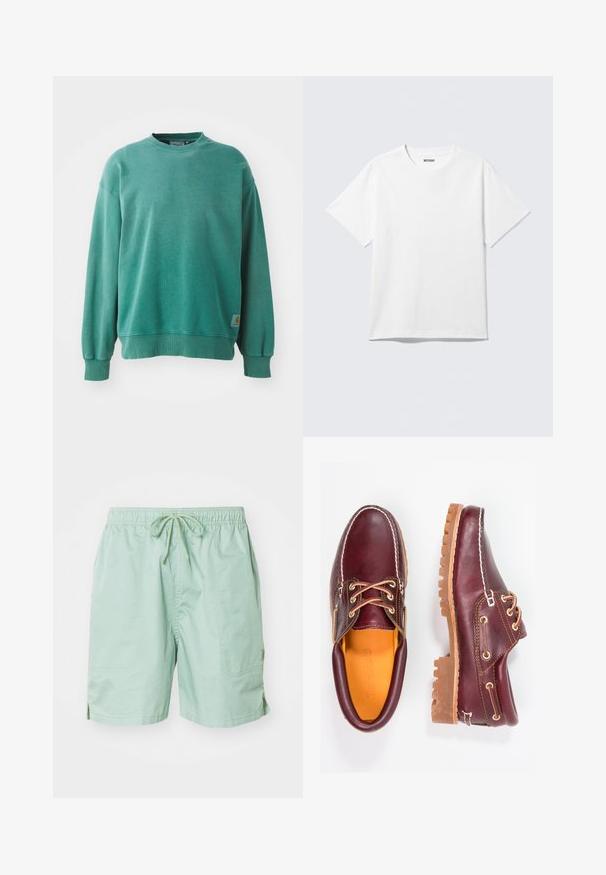 Sweatshirt vert à col rond fabriqué en mélange de coton. Il présente des poignets et un ourlet côtelés, une coupe décontractée, et une petite étiquette logo sur le bas à gauche.; T-shirt blanc à manches courtes et col rond, étalé à plat, design uni, avec l'étiquette "WEEKDAY" à l'intérieur du col sur un fond clair.; Shorts de bain verts clairs en tissu lisse, dotés d'une taille élastique avec cordon de serrage, de poches latérales et d'une longueur courte.; Chaussures en cuir bourgogne avec semelles en caoutchouc marron, bout rond, couture blanche et œillets dorés. L'intérieur présente une doublure jaune.