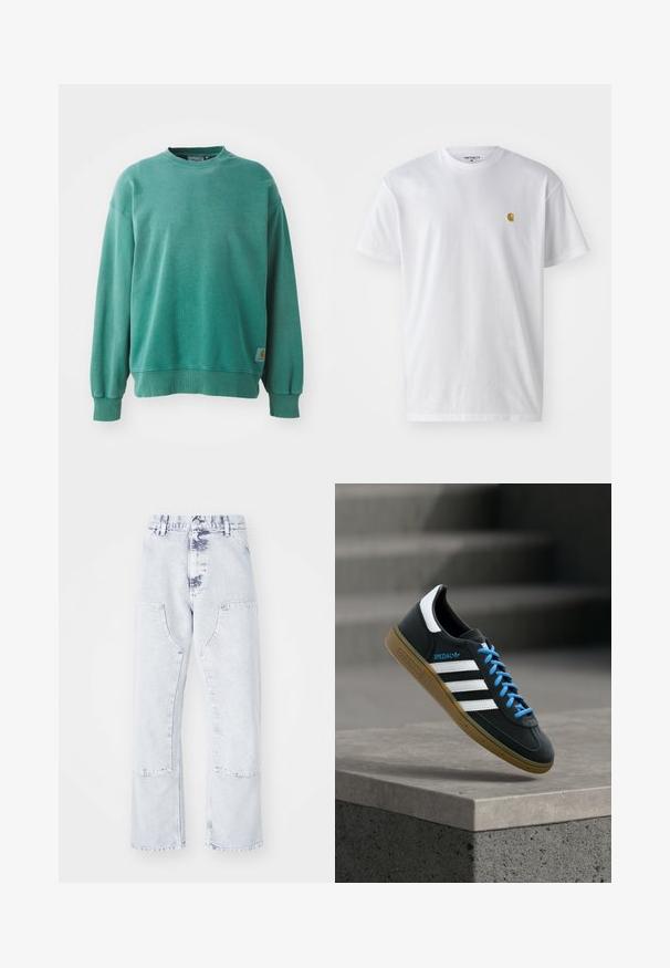 Grøn crewneck sweatshirt lavet af bomuldsblanding. Har ribbede manchetter og kant, afslappet pasform og et lille logo-tag på den nederste venstre side.; Hvid bomulds t-shirt med korte ærmer, rund hals og et lille guld logo på venstre brystområde. Blød tekstur og almindelig pasform.; Lys blå denim straight-leg jeans med patchlommer, høj talje og en falmet overflade. Har tonede syninger og en afslappet pasform.; Sort Adidas sneaker med hvide striber, blå snørebånd og gummisål, der svæver over gråt betontrin i blødt lys.