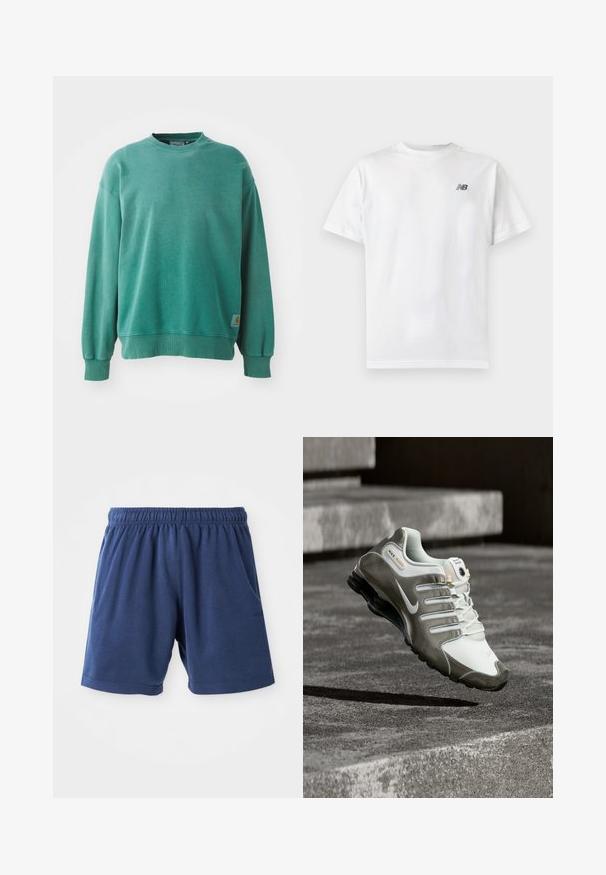 Grüner Rundhalsausschnitt-Pullover aus Baumwollmischung. Verfügt über gerippte Bündchen und Saum, eine lockere Passform und ein kleines Logotag auf der unteren linken Seite.; Weißes T-Shirt mit kurzen Ärmeln und Rundhalsausschnitt mit kleinem schwarzem New Balance-Logo auf der oberen linken Brust auf einem einfarbigen hellen Hintergrund.; Marineblaue Shorts aus weichstem Baumwollmix, mit einem elastischen Bund, seitlichen Taschen und geradem Schnitt. Ideal für Freizeitmode.; Weißer und grauer Nike Shox Sneaker mit schwarzer Sohle, der über Betonstufen im weichen natürlichen Licht schwebt.