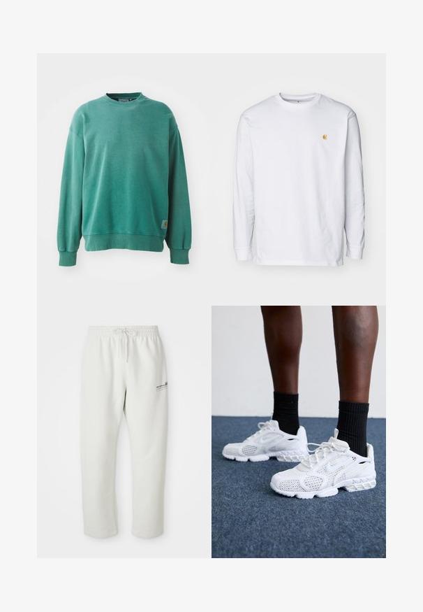Zelený crewneck sveter vyrobený z bavlneného zmesi. Obsahuje rebrované manžety a lem, uvoľnený strih a malú logo nášivku na dolnej ľavej strane.; Biely tričko s dlhým rukávom z bavlny. Na hrudi má malé zlaté logo a okrúhly výstrih. Jednoduchý dizajn a štandardný strih.; Svetlé šedé teplákové nohavice vyrobené z mäkkej tkaniny, s elastickým pásom na šnúrku a malou logovou ozdobou na ľavom stehne.; Biele športové topánky s priedušnou sieťovinou, textúrovanými akcentmi a polstrovanou podrážkou. Kombinované s čiernymi rebrovanými členkovými ponožkami na modrom kobercovom povrchu.