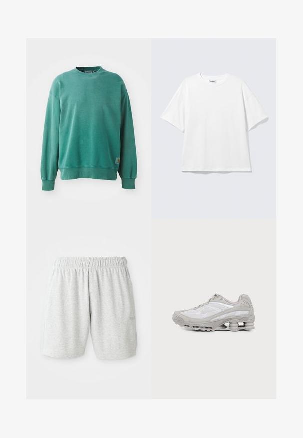 Sudadera verde de cuello redondo hecha de una mezcla de algodón. Cuenta con puños y dobladillo acanalados, un corte holgado y una pequeña etiqueta con el logo en el lado inferior izquierdo.; Camiseta blanca de gran tamaño con mangas cortas, cuello redondo y hombros caídos, plana sobre fondo gris claro.; Pantalones cortos de algodón grises con una cintura elástica, que presentan una textura suave y bolsillos laterales. Detalle sutil del logo en el dobladillo.; Zapatilla deportiva gris y blanca con suela visible de amortiguación de aire y paneles de malla, mostrada de perfil sobre un fondo claro y sencillo.