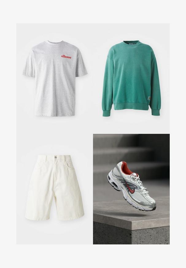 Zelený crewneck sveter vyrobený z bavlneného zmesi. Obsahuje rebrované manžety a lem, uvoľnený strih a malú logo nášivku na dolnej ľavej strane.; Šedé bavlnené tričko s okrúhlym výstrihom a krátkymi rukávmi. Na ľavej hrudi sa nachádza červené logo "ellesse". Mäkká textúra, ležérny dizajn.; Biele džínsové šortky s uvoľneným strihom, majú pás, päť vreciek a rovné nohavice. Tkanina má jemnú štruktúru.; Biely a strieborný bežecký topánka Nike s červenými akcentmi, ktorý visí nad betónovou hranou a ukazuje jeho bočné a podrážkové detaily.