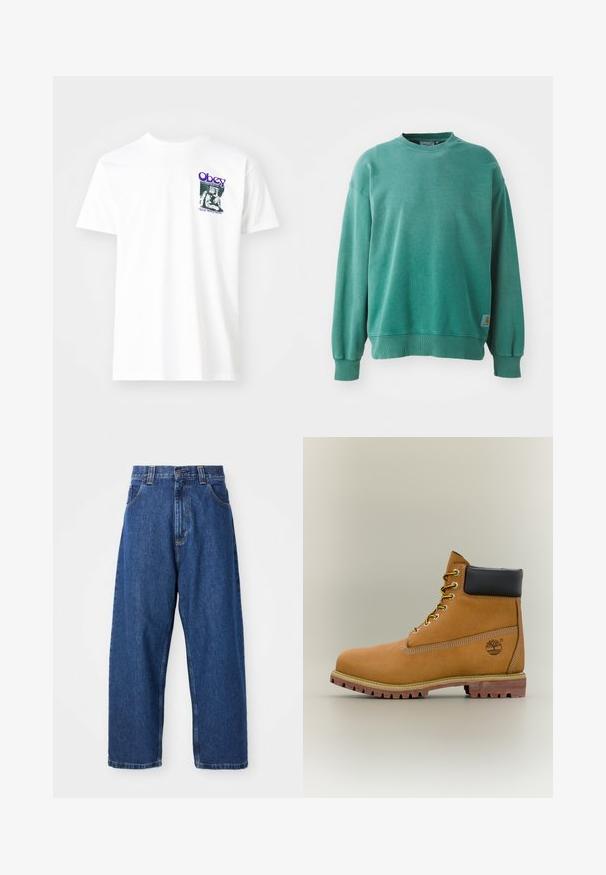 Zelený crewneck sveter vyrobený z bavlneného zmesi. Obsahuje rebrované manžety a lem, uvoľnený strih a malú logo nášivku na dolnej ľavej strane.; Biely bavlnený tričko s grafickou potlačou v purpurovej farbe, zobrazujúce sediacu postavu s textom "Obey" a "Stop Worry Now!" v čiernej farbe.; Džínsy s širokými nohavicami v tmavomodrej farbe. Majú vysoký pás, vypchávky na opasok a klasický dizajn s piatimi vreckami. Šitý lem s čistým zakončením.; Hnedá kožená členková členková obuv s čiernym golierom, žltými šnúrkami a béžovou podrážkou. Má logo a biele prešívanie. Hrubá podrážka s dobrým záberom.
