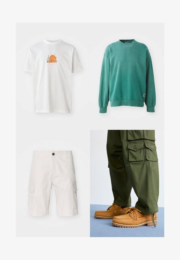 Grøn crewneck sweatshirt lavet af bomuldsblanding. Har ribbede manchetter og kant, afslappet pasform og et lille logo-tag på den nederste venstre side.; Hvid bomulds t-shirt med rund halsudskæring. Forsiden viser en orange tegneseriefigur omgivet af blomster og tekst i pink.; Beige cargo shorts lavet af letvægtsstof, med to sidelommer, knaplukning og en afslappet pasform. Glat tekstur med subtilt mønster.; Timberland AUTHENTIC 3 EYE - Sejlersko - wheat