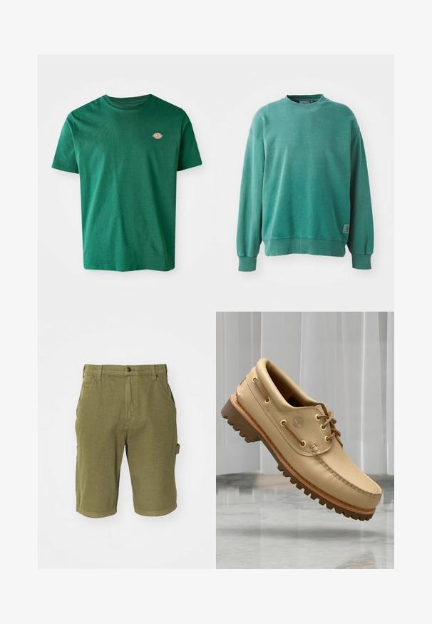 Sudadera verde de cuello redondo hecha de una mezcla de algodón. Cuenta con puños y dobladillo acanalados, un corte holgado y una pequeña etiqueta con el logo en el lado inferior izquierdo.; Camiseta de algodón verde con cuello redondo, mangas cortas y un pequeño logotipo multicolor en el lado izquierdo del pecho. Textura suave, diseño casual.; Bermudas de algodón verde oliva con cierre de botón, trabillas para cinturón, bolsillos laterales y un acabado de tela ligeramente texturizado.; Zapato náutico de cuero marrón claro con suela gruesa y estriada y detalles de cordones, flotando sobre un suelo de mármol y un fondo de persianas verticales blancas.