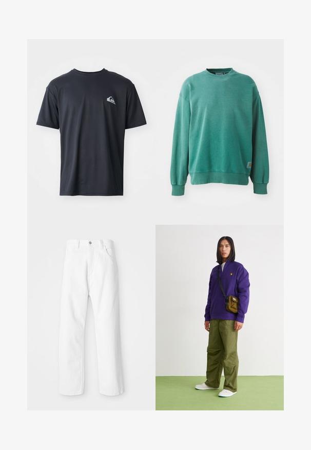 Grüner Rundhalsausschnitt-Pullover aus Baumwollmischung. Verfügt über gerippte Bündchen und Saum, eine lockere Passform und ein kleines Logotag auf der unteren linken Seite.; Schwarzes T-Shirt mit kurzen Ärmeln aus einem glatten Stoff, mit einem kleinen weißen Logo auf der linken Brustseite. Reguläre Passform mit Rundhalsausschnitt.; Weiße Denim-Hosen mit geradem Bein, ausgestattet mit einem Frontknopf und einem Reißverschluss, fünf Taschen und einem sauberen, strukturierten Finish.; Jordan AIR JORDAN 1 ZM CMFT 2 - Sneaker high - summit white/bicoastal/oxidized green