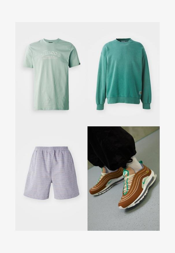 Sudadera verde de cuello redondo hecha de una mezcla de algodón. Cuenta con puños y dobladillo acanalados, un corte holgado y una pequeña etiqueta con el logo en el lado inferior izquierdo.; Ellesse QUESCO TEE - Camiseta estampada - green; Pantalones cortos a rayas azul claro con cinturilla elástica, hechos de una tela suave. Cuenta con bolsillos laterales y un corte relajado, ideal para el uso casual.; Zapatillas Nike Air Max 97 en marrón con diseño en capas, detalles en verde azulado, cordones blancos y una unidad de aire visible en la suela.