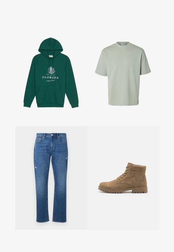 Sweat à capuche vert avec poche avant, capuche à cordon de serrage, texte imprimé blanc avec un motif de feuille de palmier et le logo "Florida College League".; T-shirt uni vert clair à manches courtes, col rond, coupe ample et texture de tissu lisse.; Jean droit bleu avec cinq poches, fermeture à bouton et fermeture éclair à l'avant, et détails légèrement usés sur les cuisses.; Bottines en daim beige avec un bout arrondi, un col rembourré, six paires d'œillets et une épaisse semelle en caoutchouc présentant un motif strié.