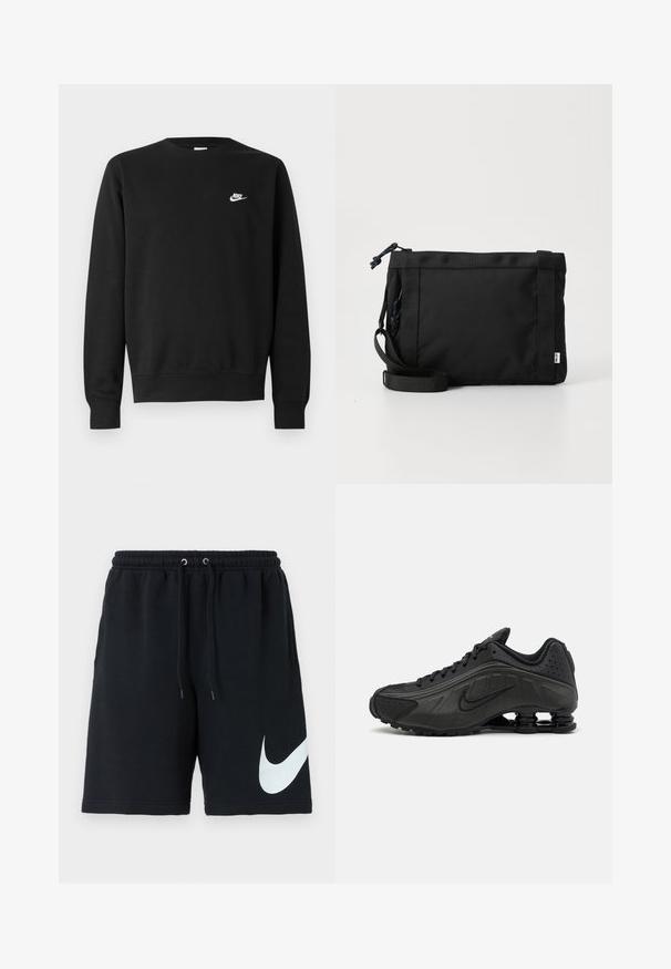Melnā džemperis no kokvilnas ar apaļu izgriezumu, gariem piedurknēm un mazu balto Nike logotipu augšējā kreisajā krūtī.; Melni kokvilnas šorti ar elastīgu jostasvietu, auklu, sānu kabatām un lielu balto Nike logo, kas izdrukāts kreisajā pusē.; Melnas skriešanas ķepas ar gludu sintētisku virsu, perforētiem akcentiem, teksturētām sānu daļām un izteiksmīgu atsperīgu zoli.; Melna auduma plecu soma ar teksturētu virsmu, regulējamu siksnu un aukliņu aizdari. Iezīmējas ar izteiktu piegriezumu un sānu birku.