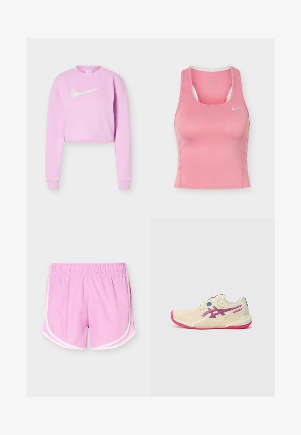 Sweat-shirt court violette claire avec manches longues et logo Nike swoosh blanc centré sur la poitrine.; Débardeur de sport sans manches Nike rose avec dos nageur et petit logo Swoosh blanc sur la poitrine, fabriqué en tissu texturé respirant.; Shorts de sport roses avec taille élastique et bordure blanche, avec des panneaux latéraux en maille légère et un petit logo réfléchissant à l'avant.; Chaussure de sport couleur crème avec une semelle rose, des accents bleus et violets, une tige perforée et un design à bout rond.