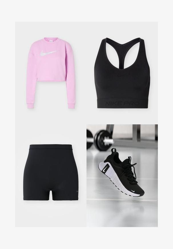 Svetlofialová krátka mikina s dlhými rukávmi a bielym logom Nike swoosh umiestneným v strede na hrudi.; Čierna športová podprsenka Nike Pro s dizajnom racerback a elastickou páskou na spodnej strane so subtílnym logom a značkou Nike.; Čierne športové šortky vyrobené z hladkého, elastického materiálu, s pásom strednej výšky a malým logom Nike na ľavej strane.; Čierna športová obuv s textúrovaným horným materiálom, bielou podrážkou a výrazným systémom šnurovania. Obsahuje logo Nike a má mäkký, tlmený dizajn.